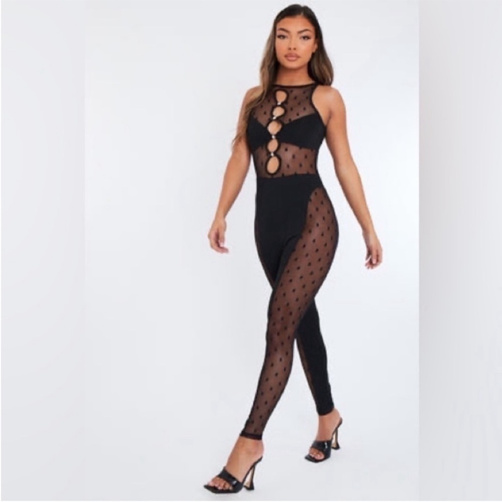 Blogger’s Favorite Katch Me Darla Black Spot Mesh Keyhole Jumpsuit. Large. NWT.